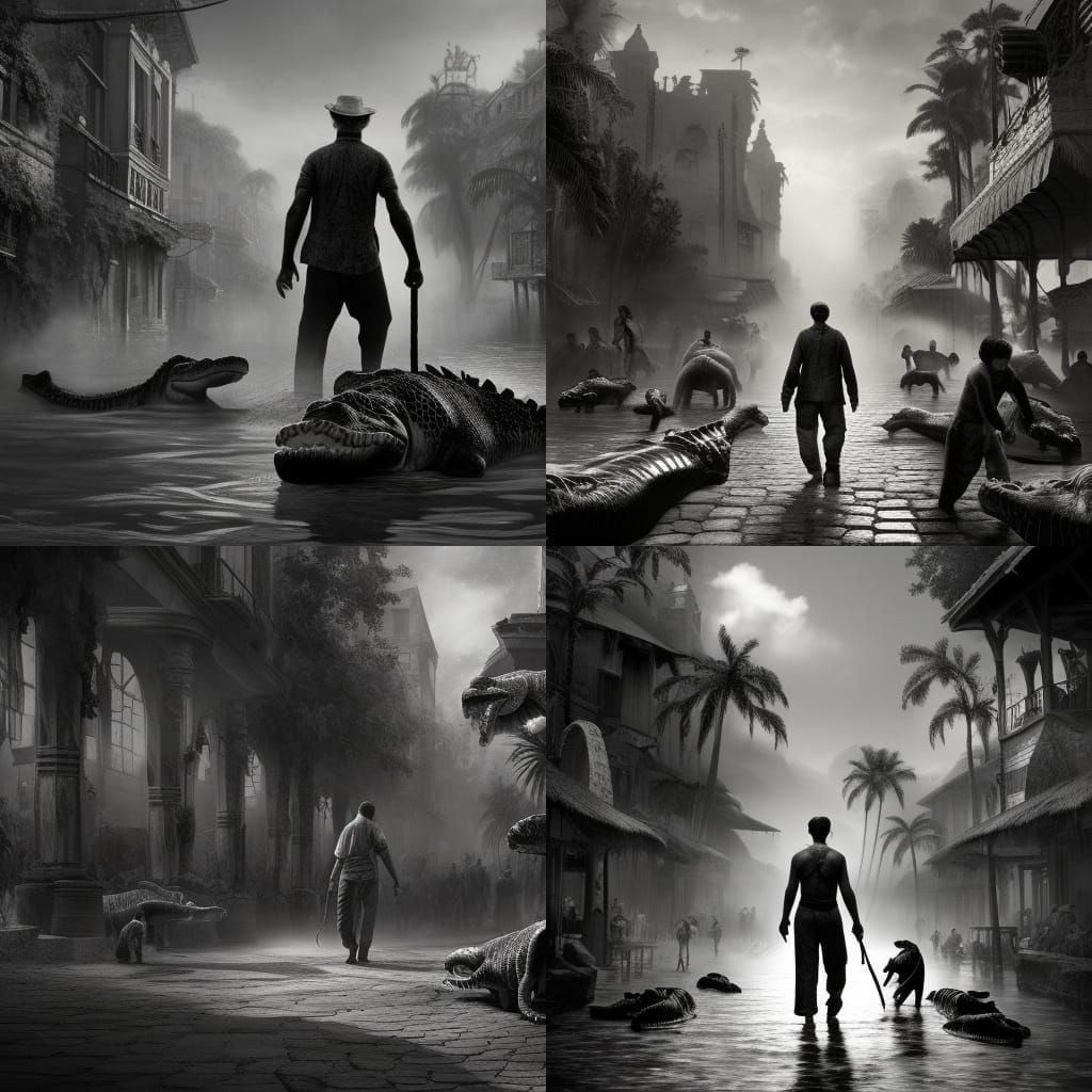 Man Walks Crocodiles: Ancient Black and White Photo