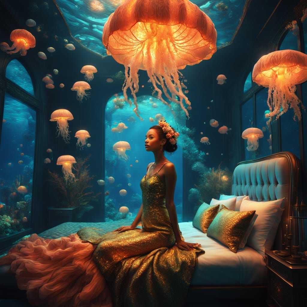 Glamorous Underwater Bedroom with Woman: Digital Art