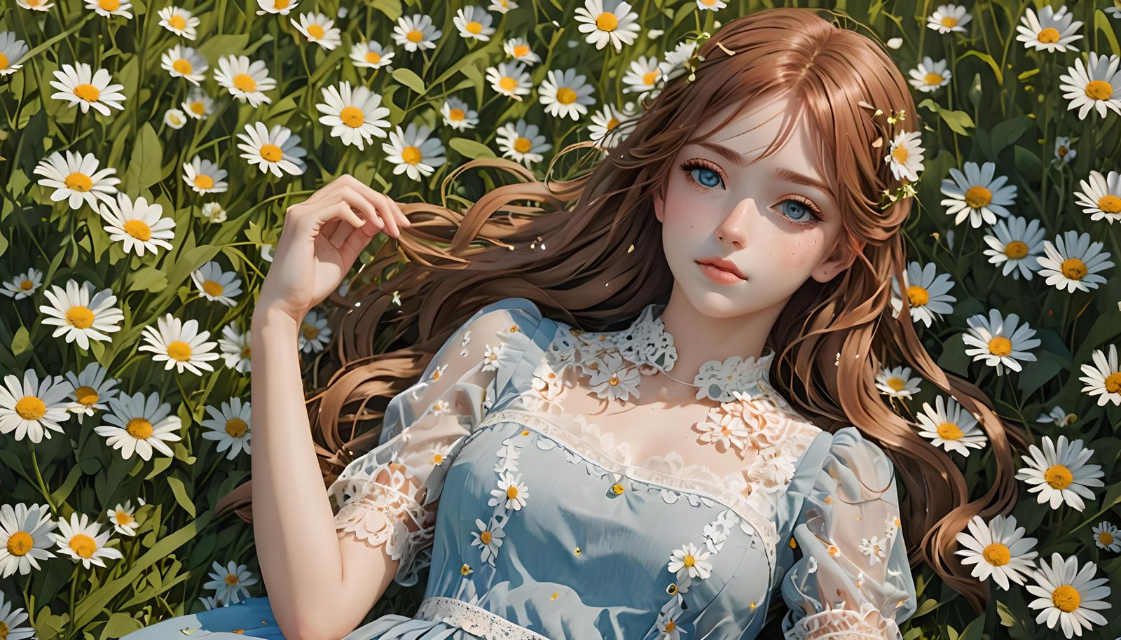 Anime Girl in Daisy Meadow on Summer Day