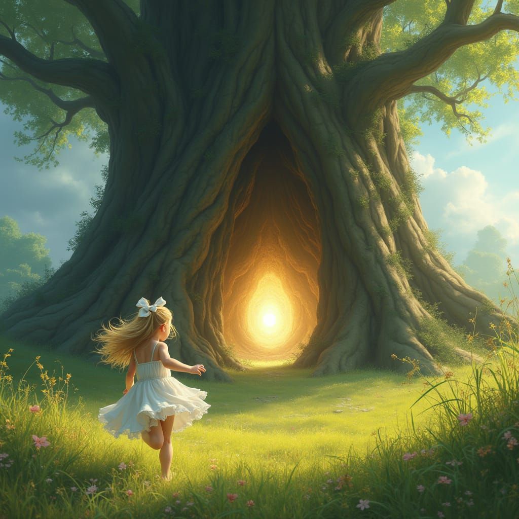 Girl Runs to Portal in Fantasy Landscape