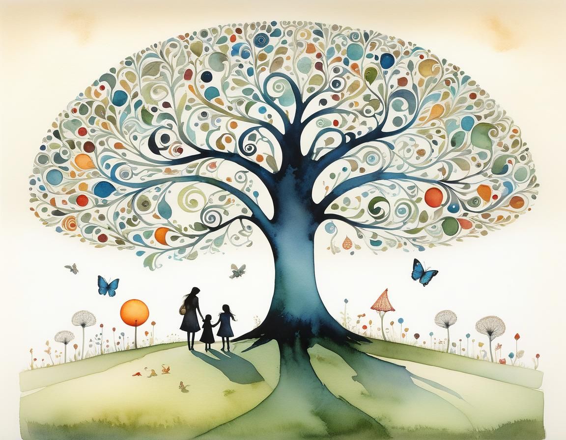 Whimsical Mother and Children Watercolor Illustration