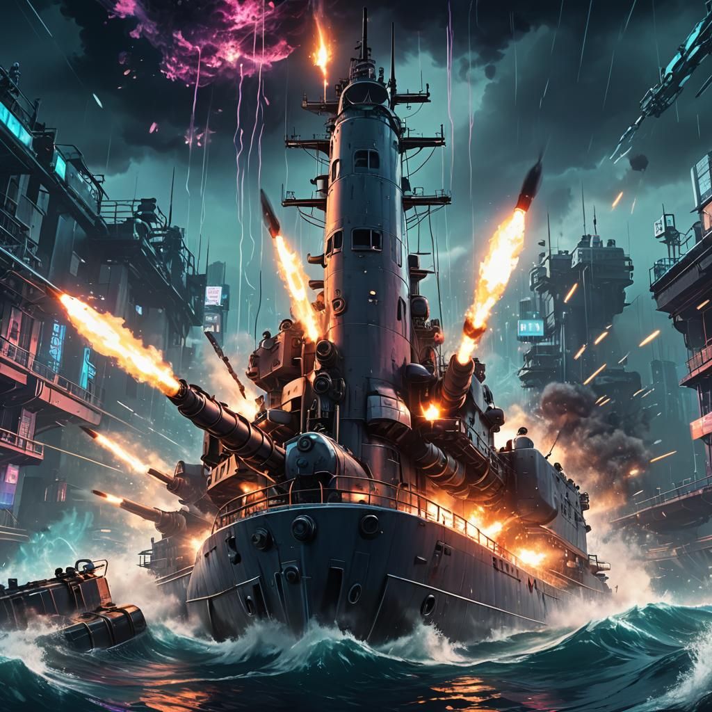 Cyberpunk Submarine Torpedo Launch in Anime Style