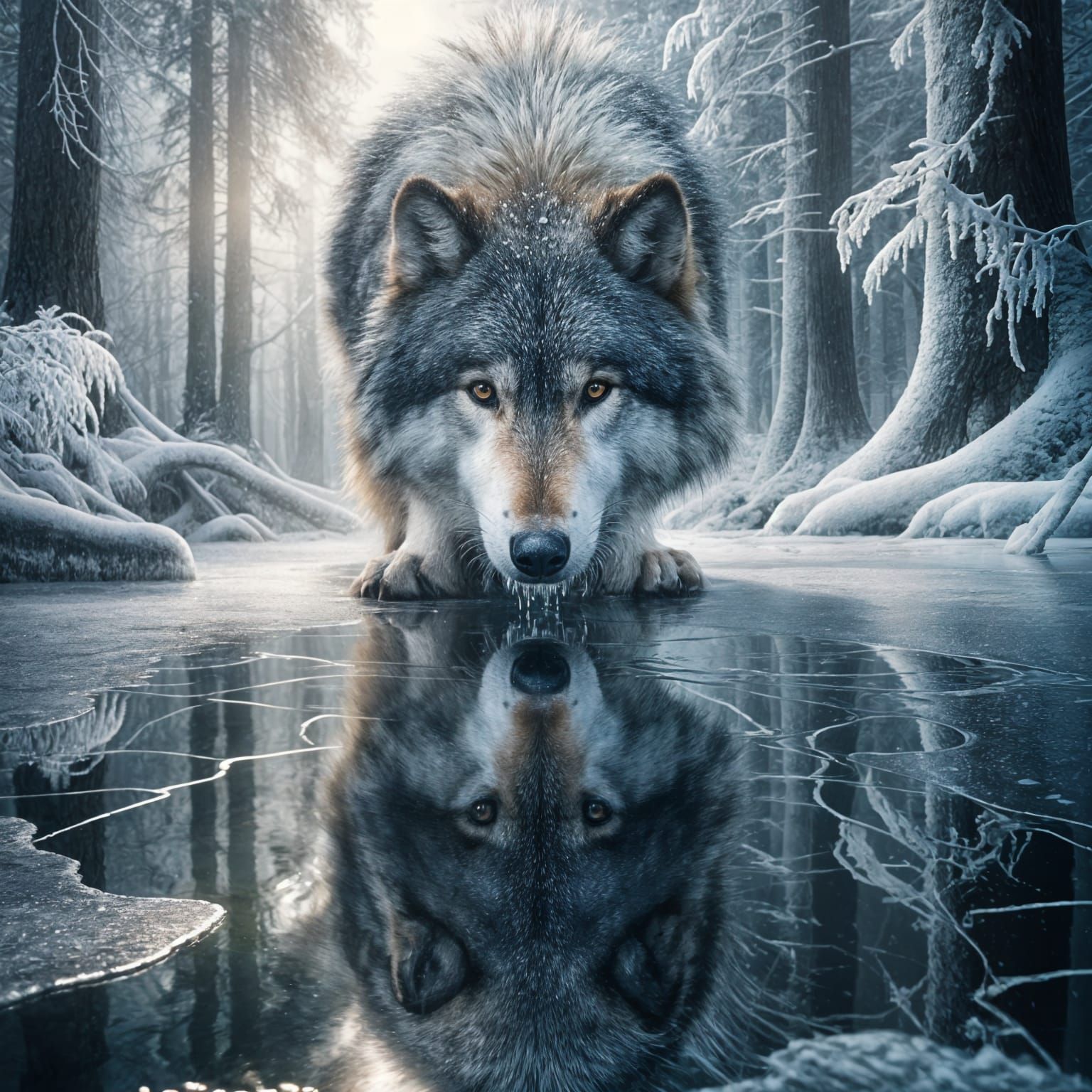 Wolf Gazing at Reflection in Winter Pond