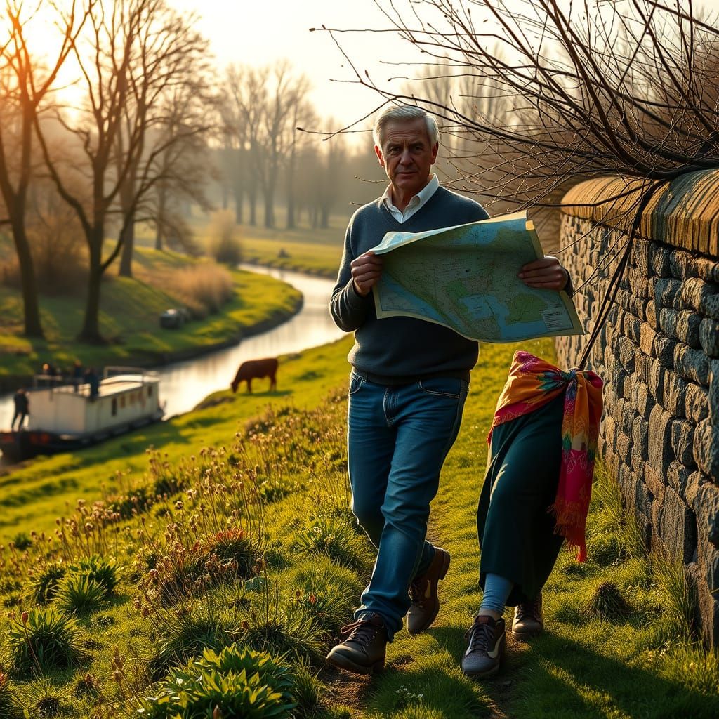 Serene Dutch Countryside Morning Scene with Elderly Couple