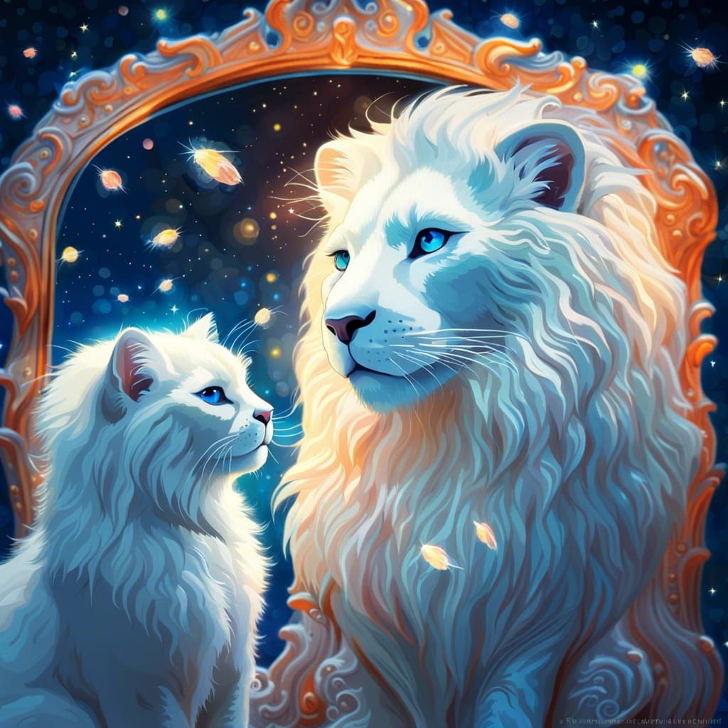 Majestic Lion Reflection: Whimsical Digital Art