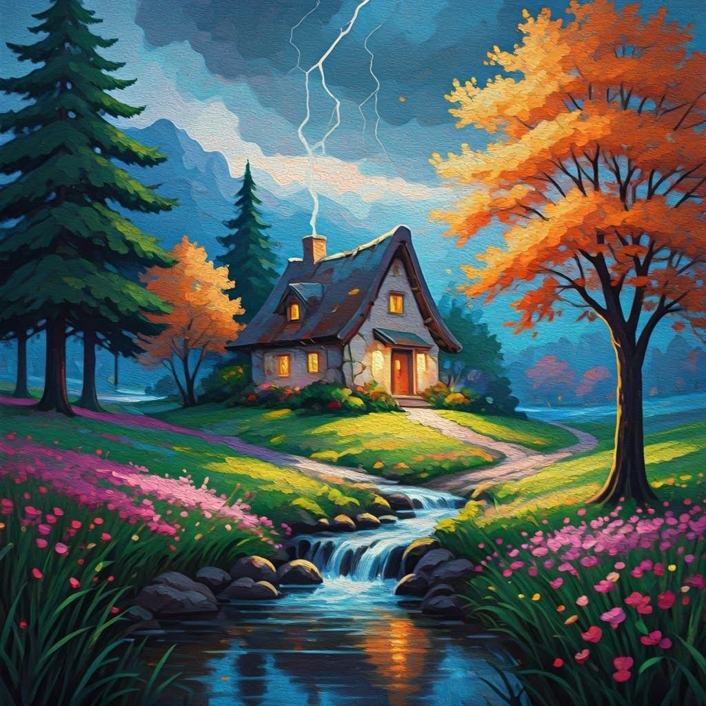 Impressionist Cottage During Spring Thunderstorm