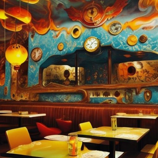 Surreal Restaurant Scene with Melting Clocks