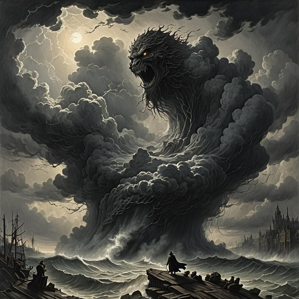 Shadow Entity Emerges from Storm Clouds: Horror Art