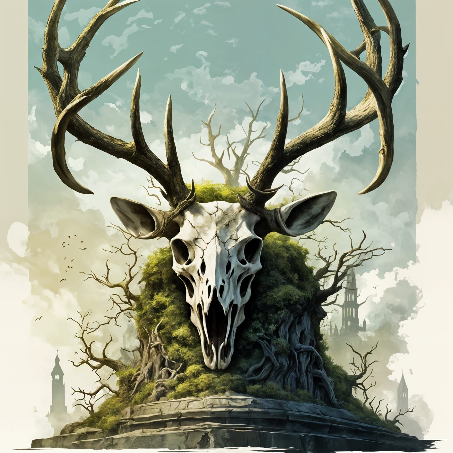 Majestic Stag Skull with Mossy Branches in Gothic Horror