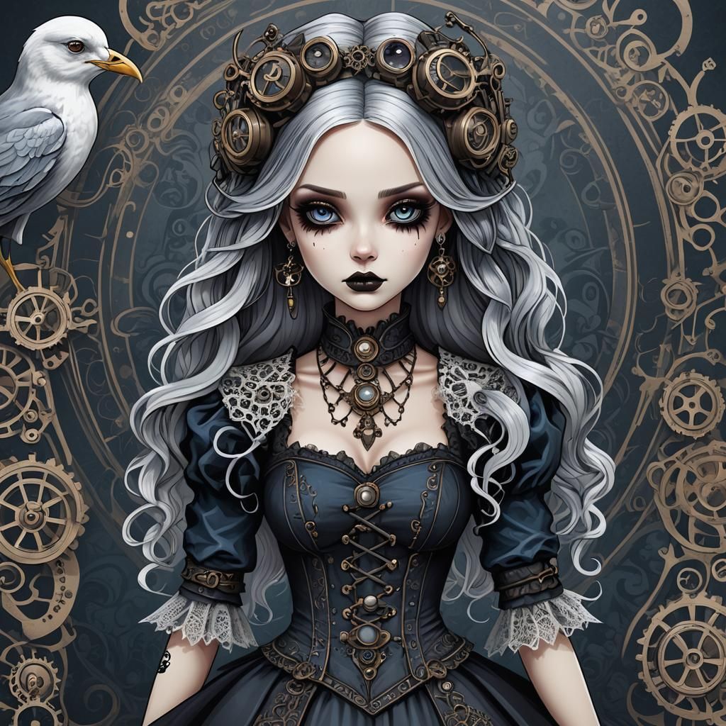 Gothic Steampunk Doll with Tattoos Digital Illustration