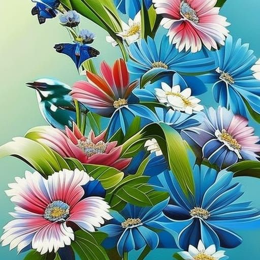 Hyperrealistic Birds and Flowers Splash Art