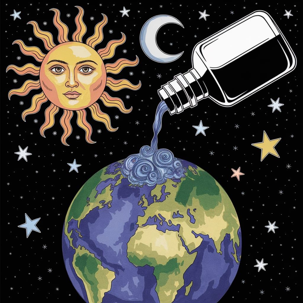 Ink Wash Painting of Celestial Bodies Swirling from an Ink B...