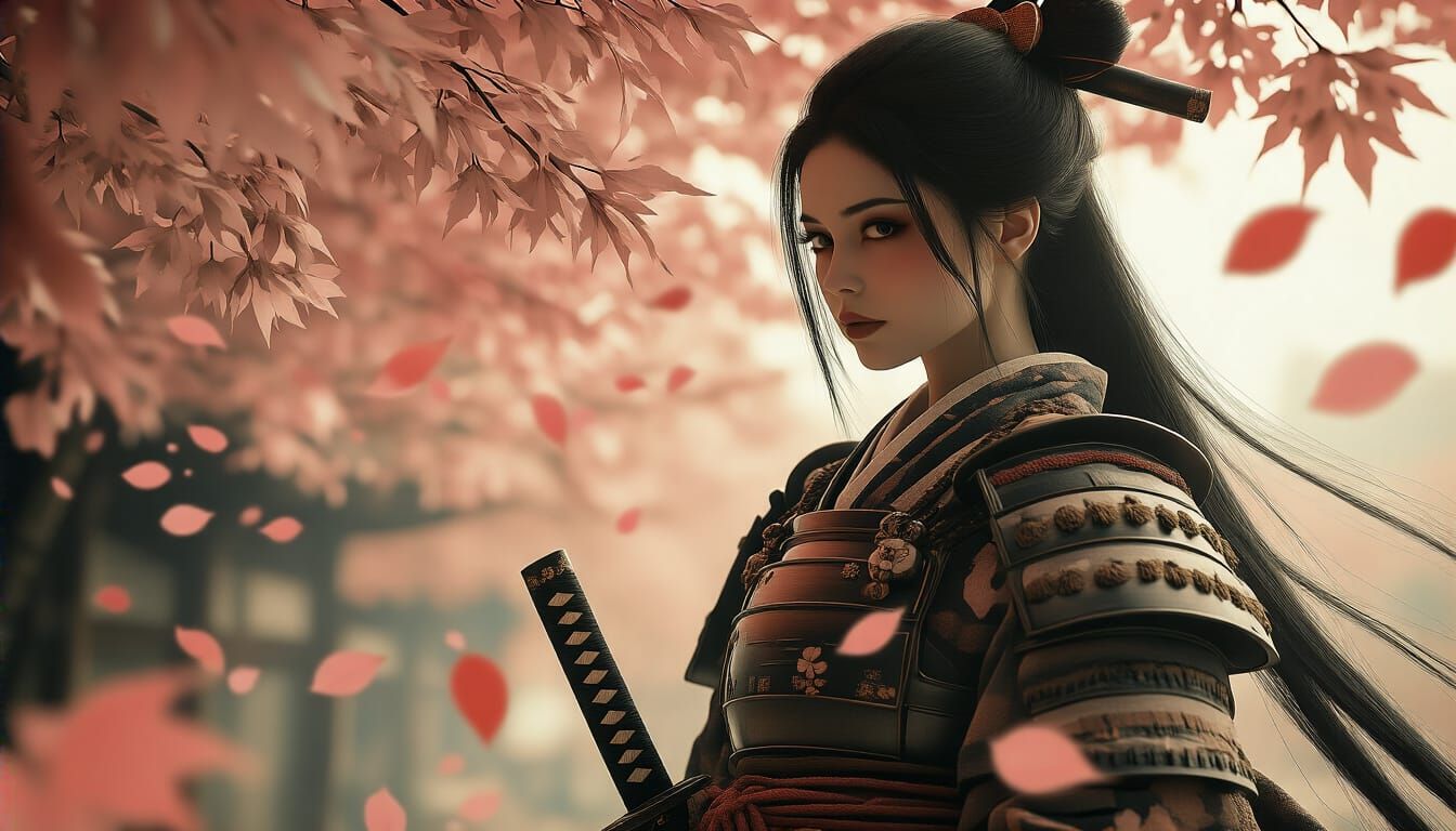 Samurai Woman in Sakura Grove, Digital Painting Style