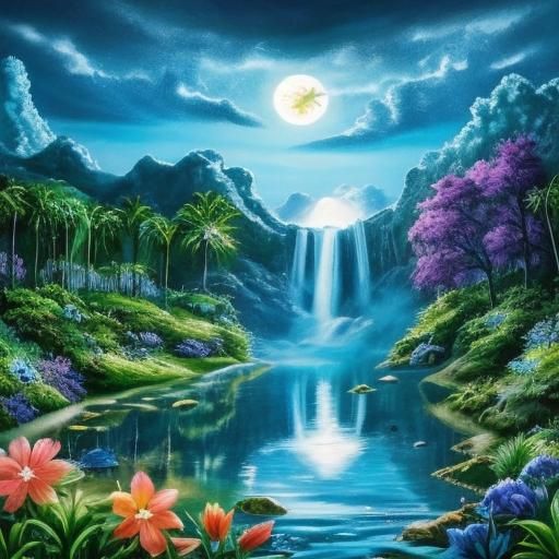 Enchanted Bioluminescent Waterfall in Hyperrealistic Style