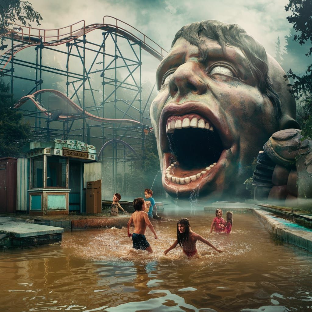 Abandoned Waterpark with Gigantic Head: Cinematic Matte Pain...