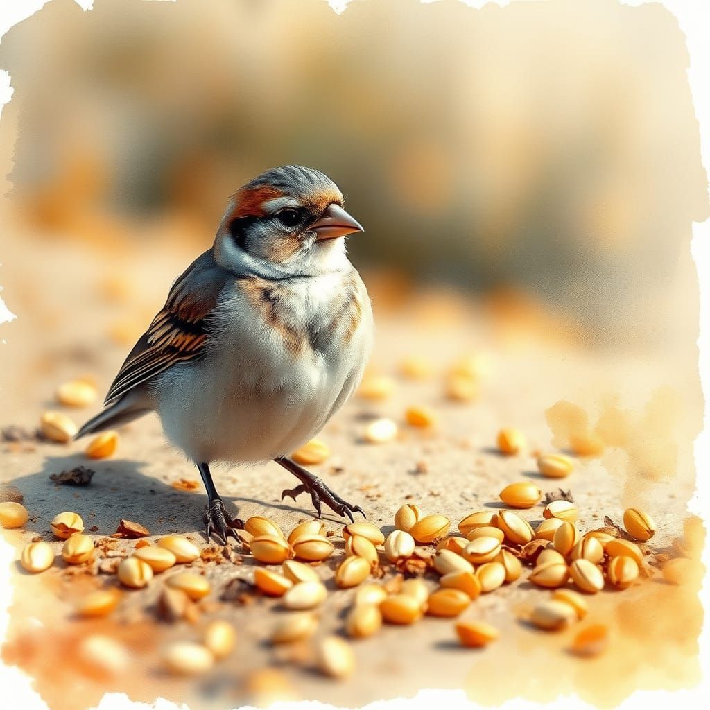 Sparrow Pecks Wheat Grains in Watercolour Splash Art