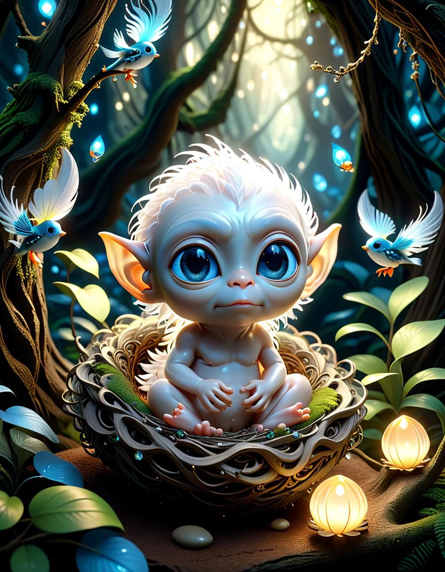 Baby Chibi Gollum in Enchanted Forest Bird Nest