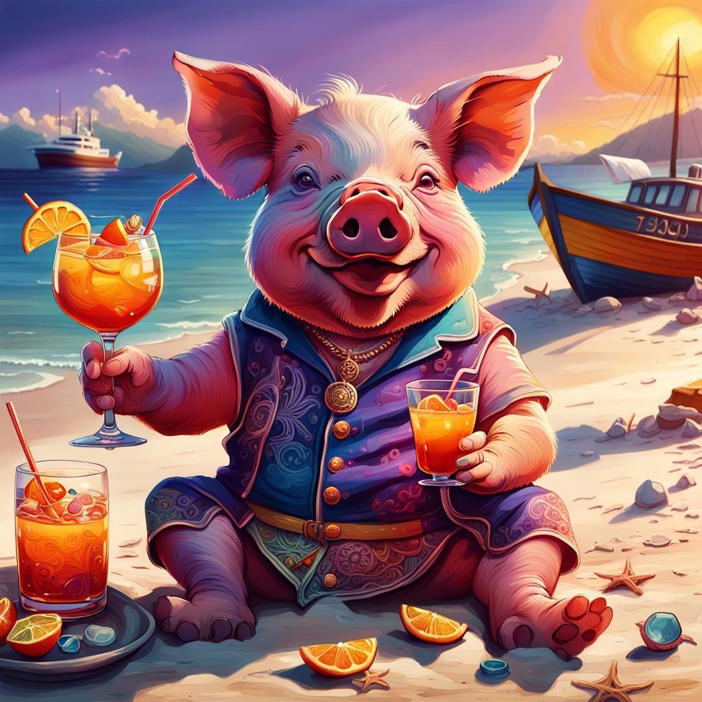Smiling Pig on Beach in Fantasy Concept Art