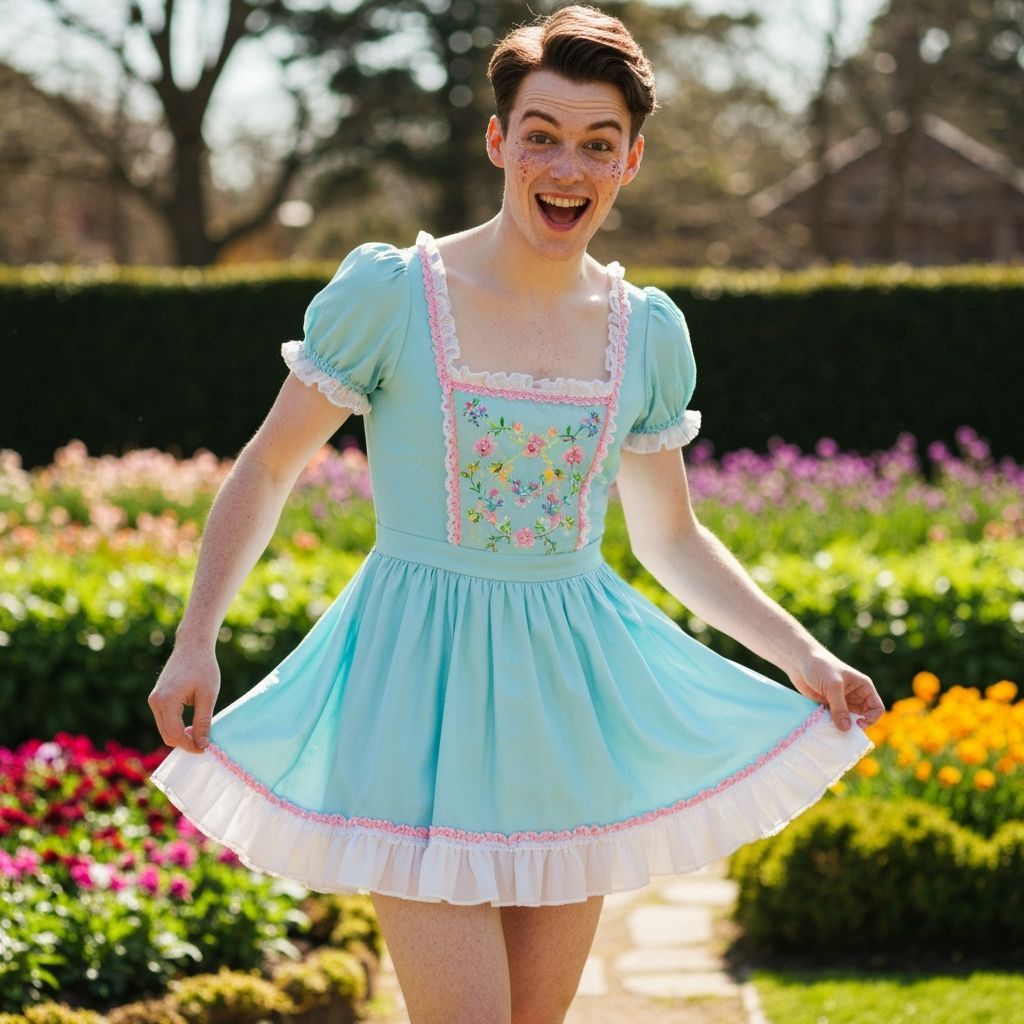 Joyful Young Man in Frilly Easter Dress in Garden