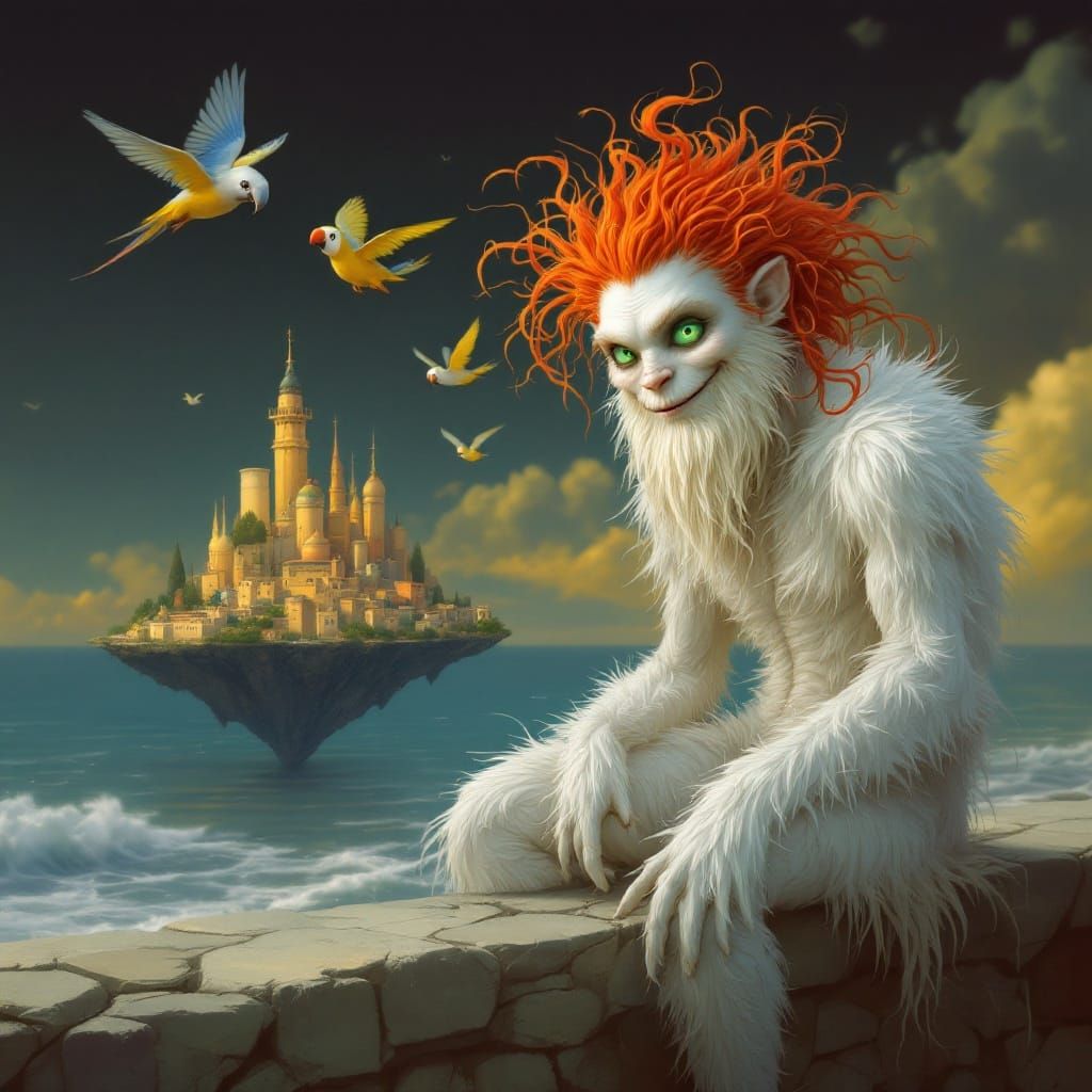 Girl Sits Beside Mythical Creature on Island Cityscape