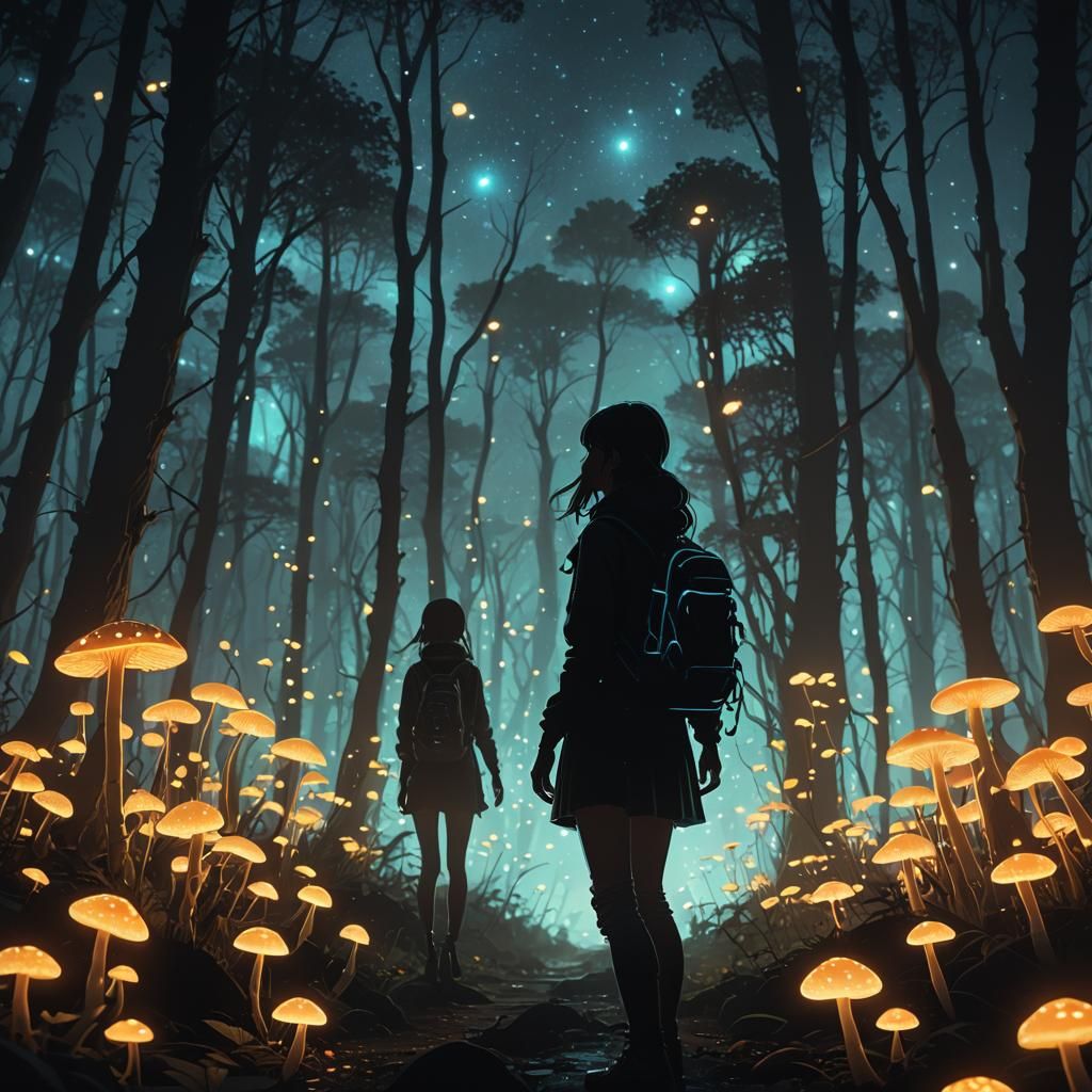Bioluminescent Forest with Girl and Fireflies