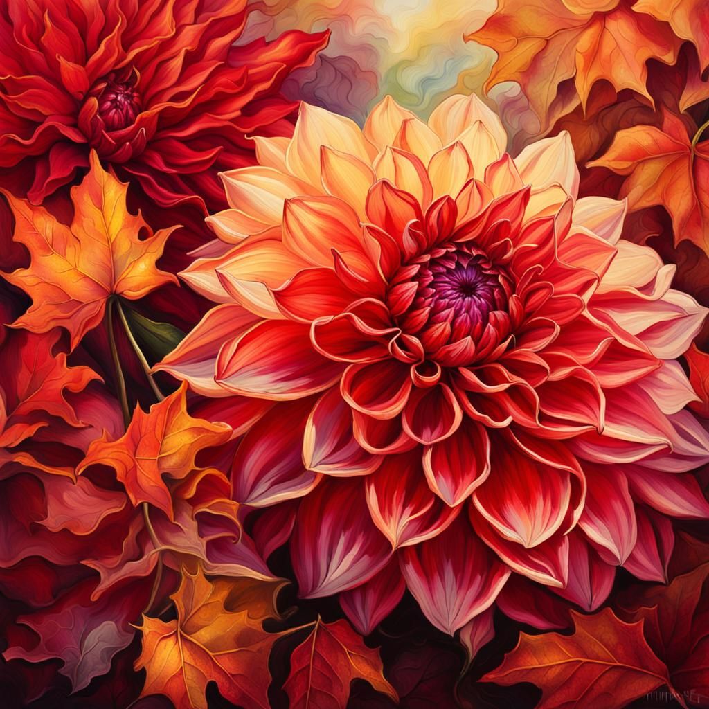 Autumn Dahlia in Fantasy Realism, Oil Painting
