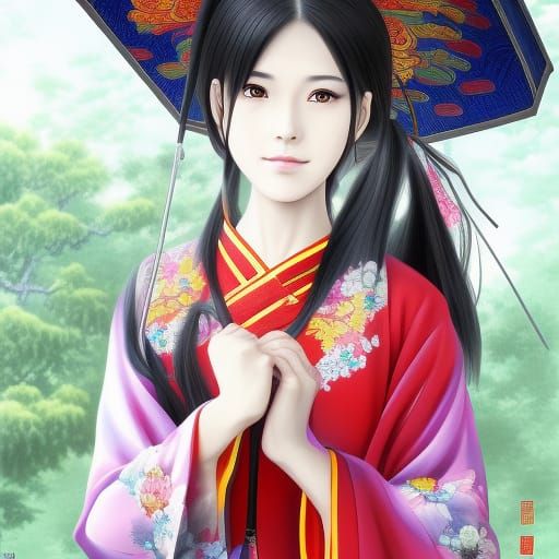 Chinese Girl in Anime Style with Umbrella