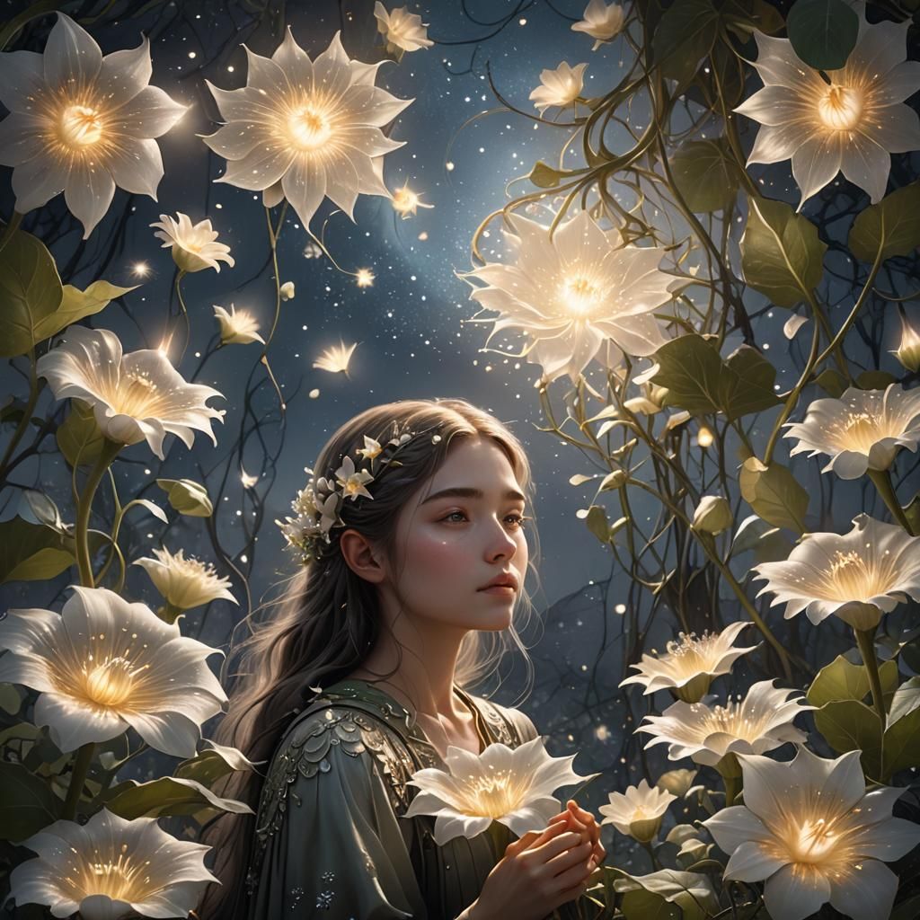 Girl Tending Luminescent Stellar Flora: Fantasy Concept Art