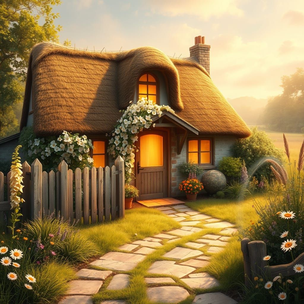 Idyllic English Cottage Nestled in Vibrant Meadow