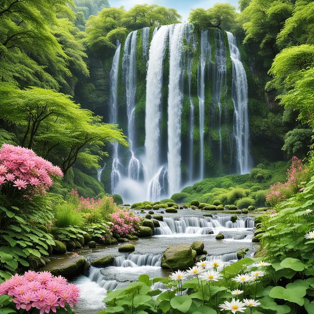Majestic Waterfall with Lush Foliage and Flowers