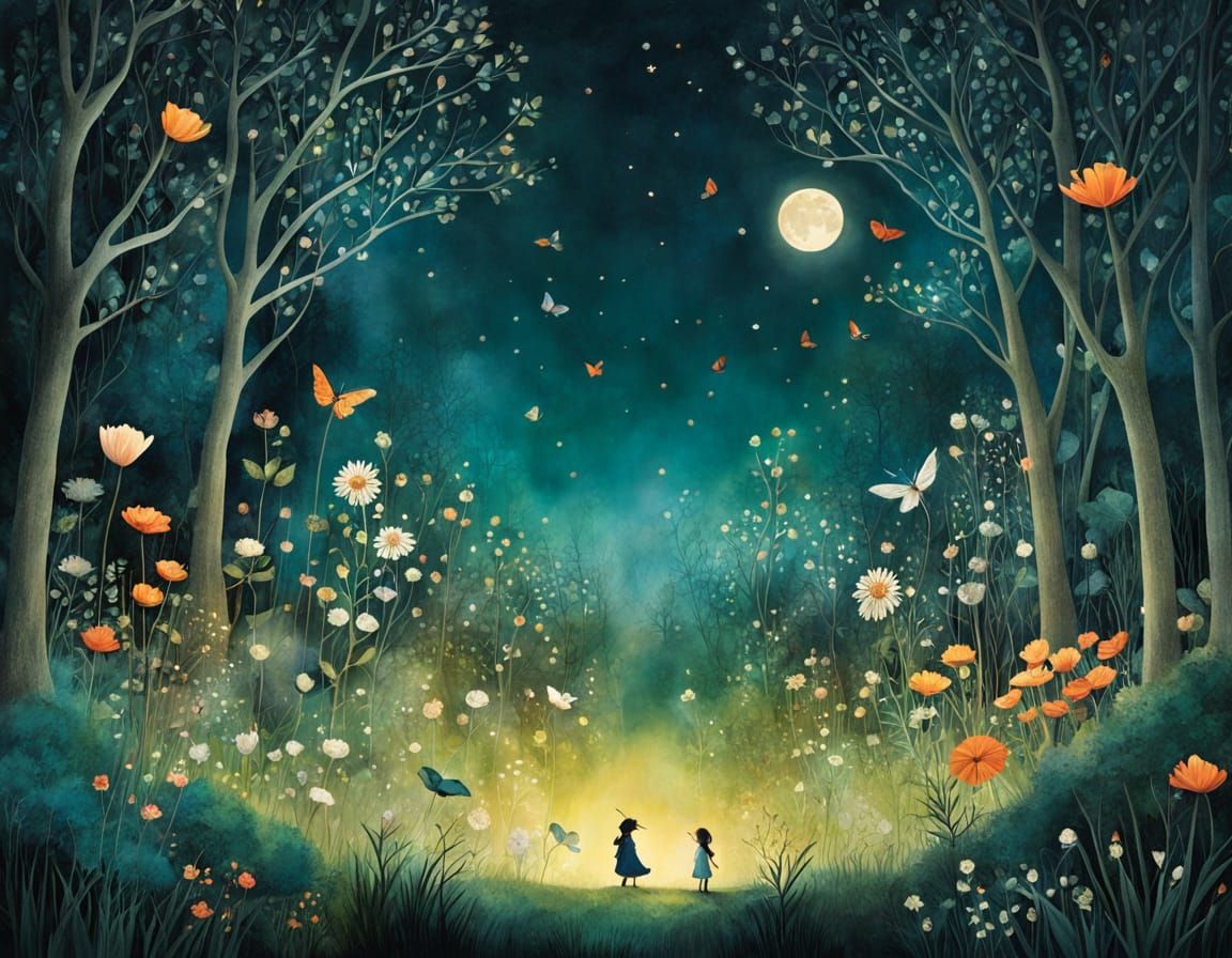 Whimsical Garden Scene in Watercolor Style