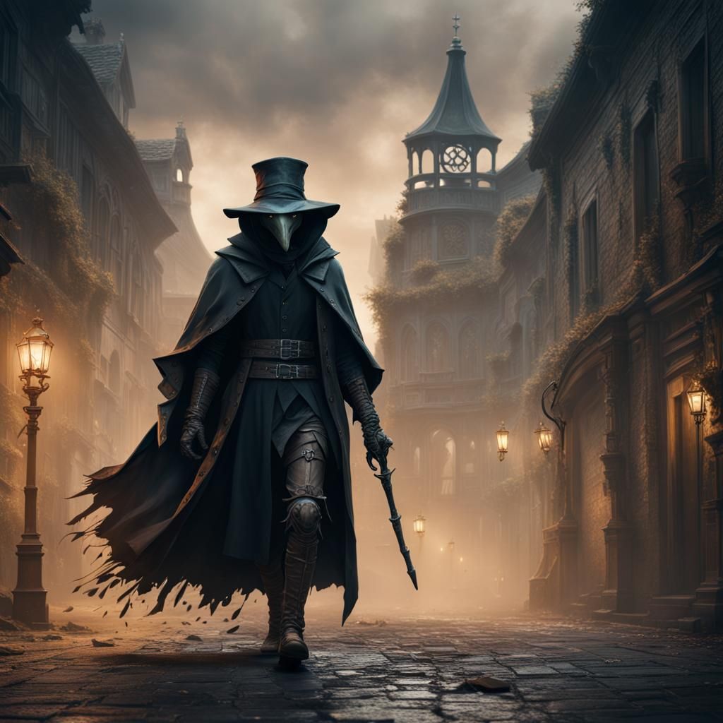 Plague Doctor with Black Hood in Detailed Matte Painting
