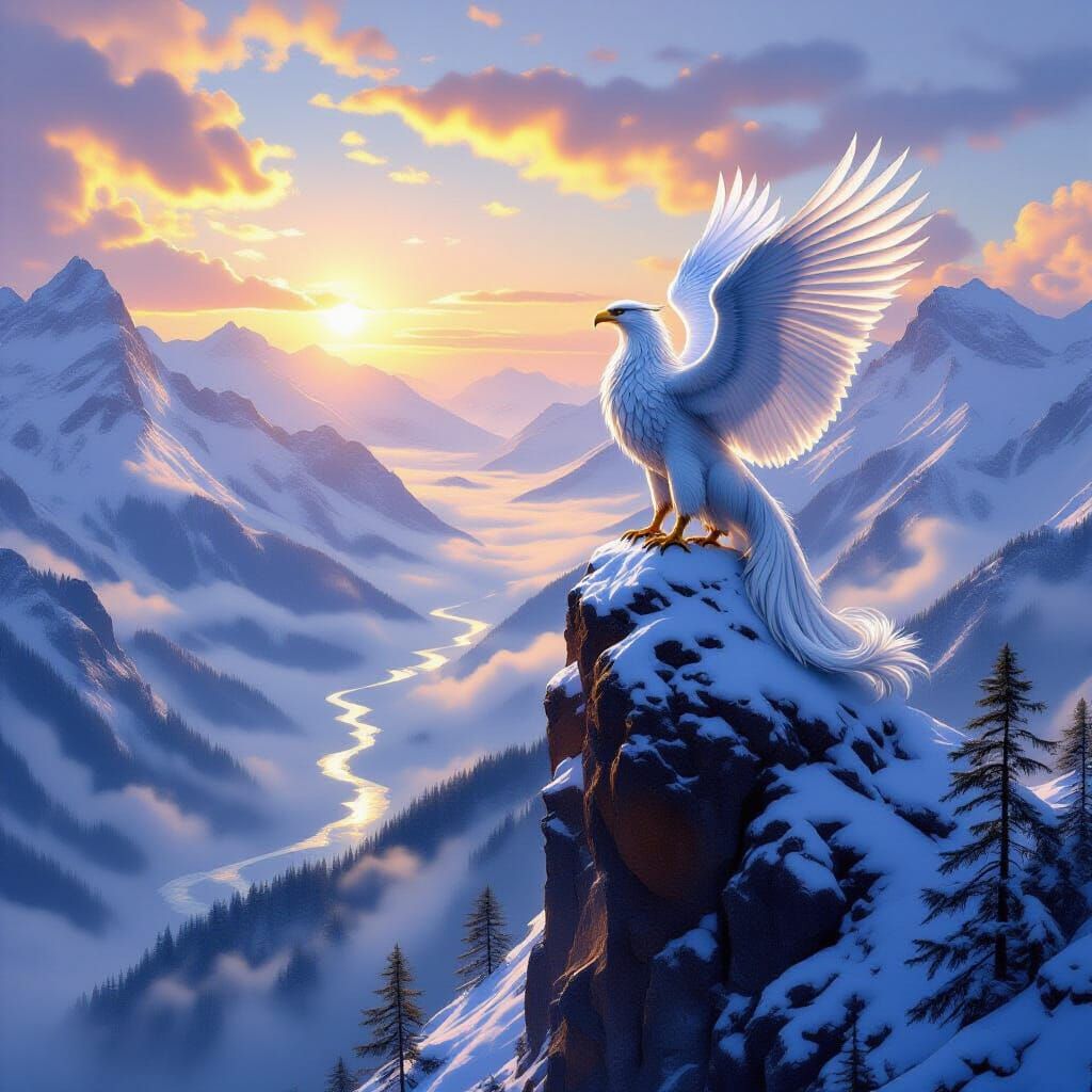 Griffin Overlooking Misty Valley as Detailed Matte Painting