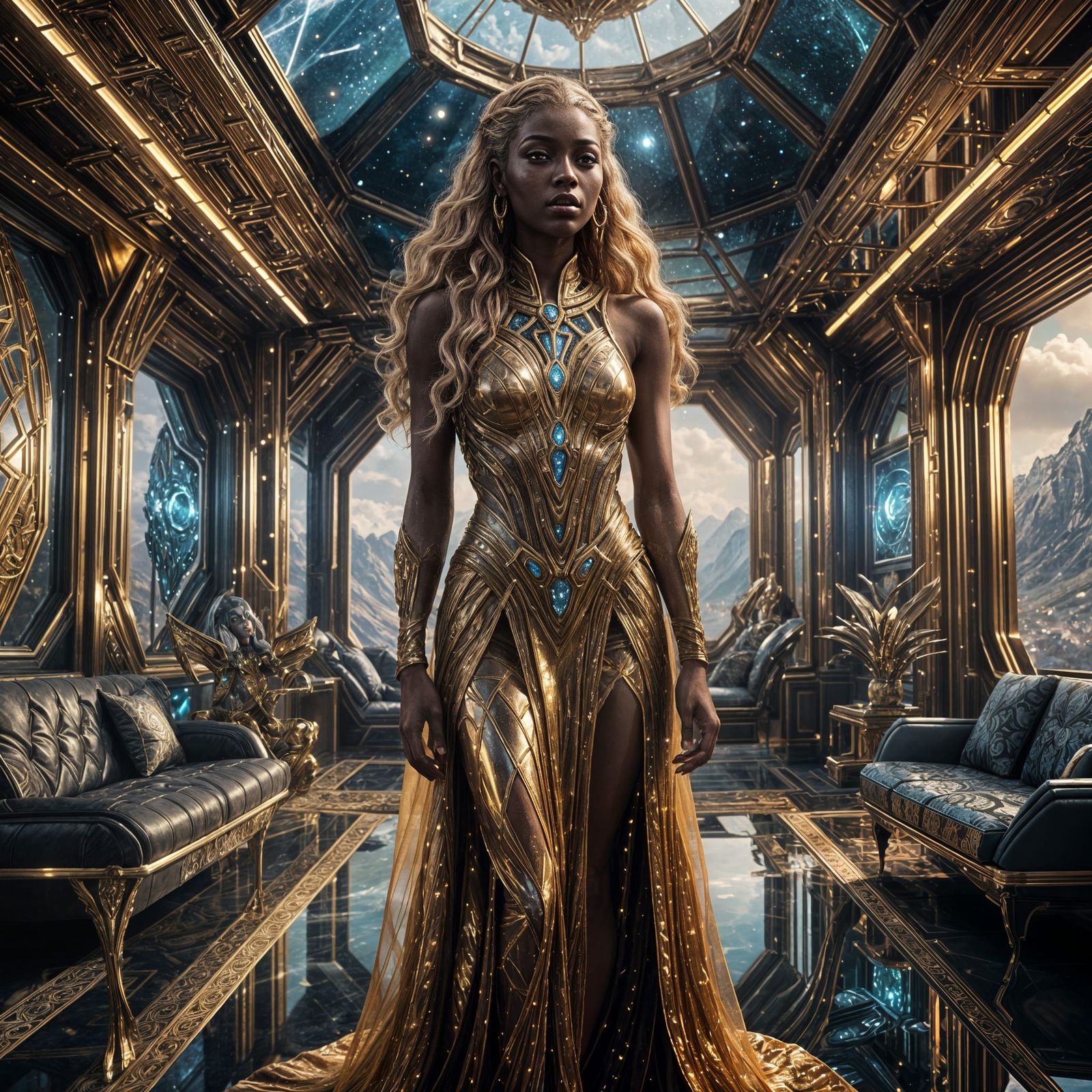 Beautiful Alien Woman in High-Tech Living Room