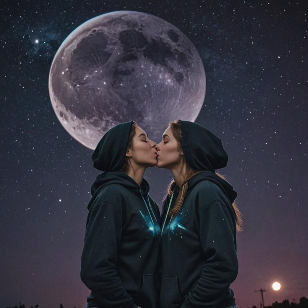 Radiant Kiss Under Cosmic Moon: Dreamlike Illustration