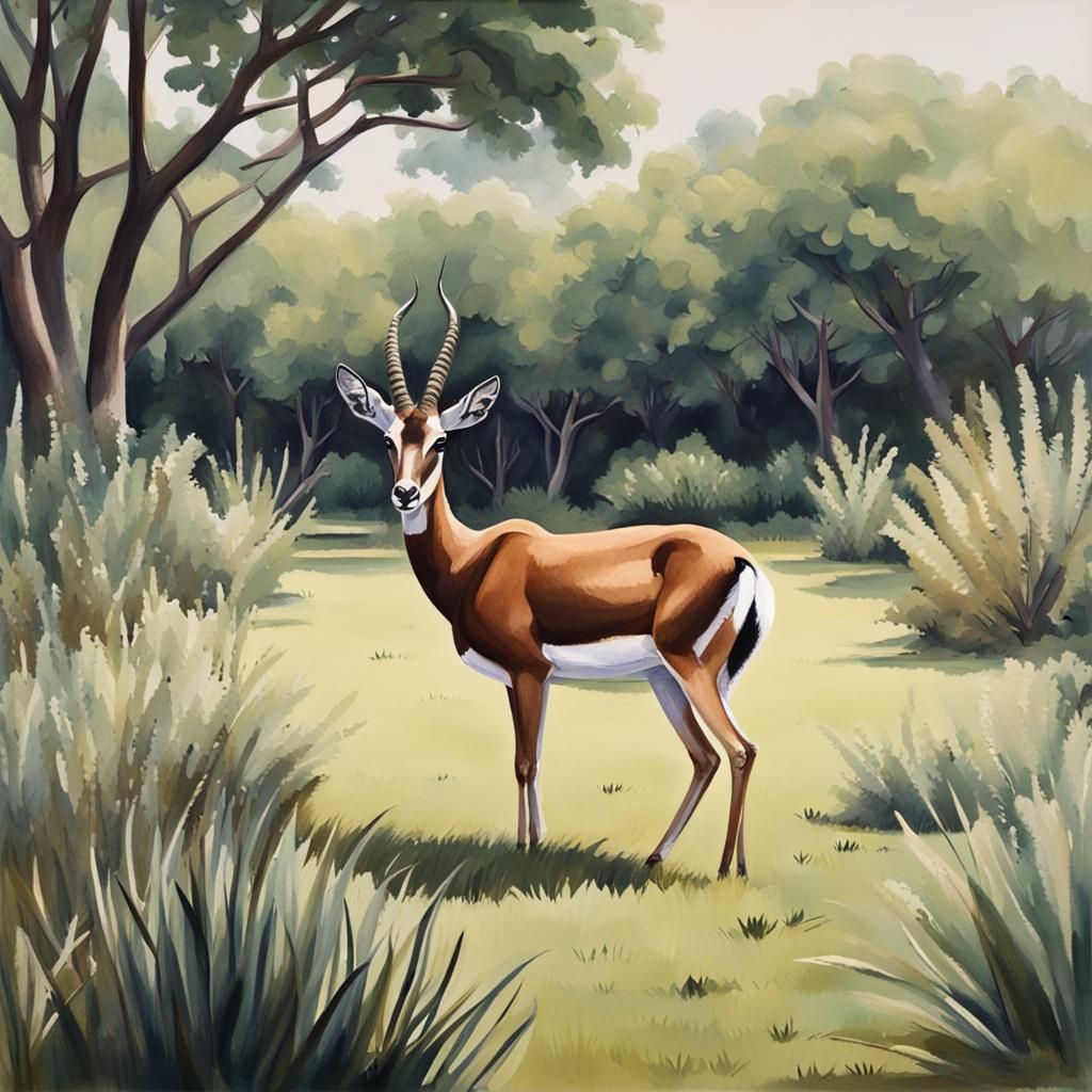 Blackbuck Grazing: A Detailed Gouache Painting