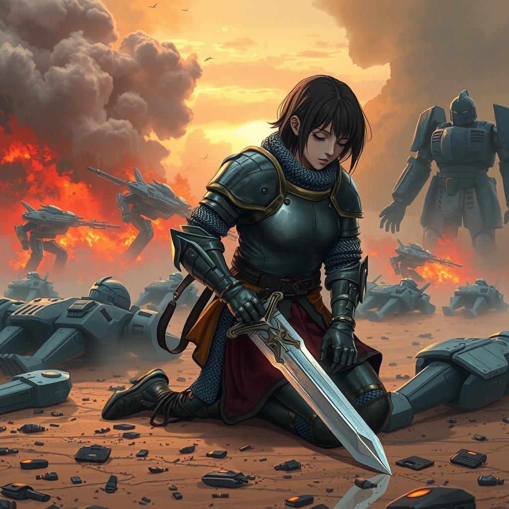 Anime Mecha Knight on Battlefield at Dusk