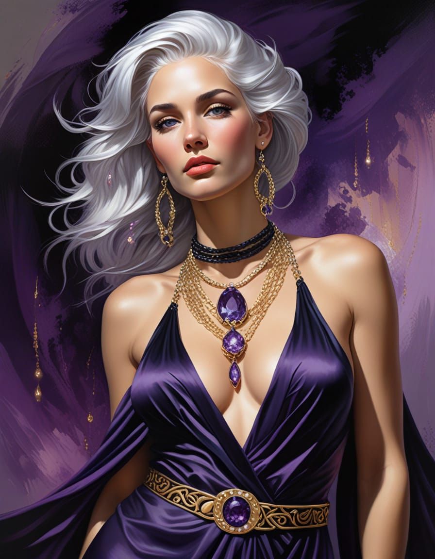 Striking Woman in Elegant Black Dress with Amethyst and Sapp...