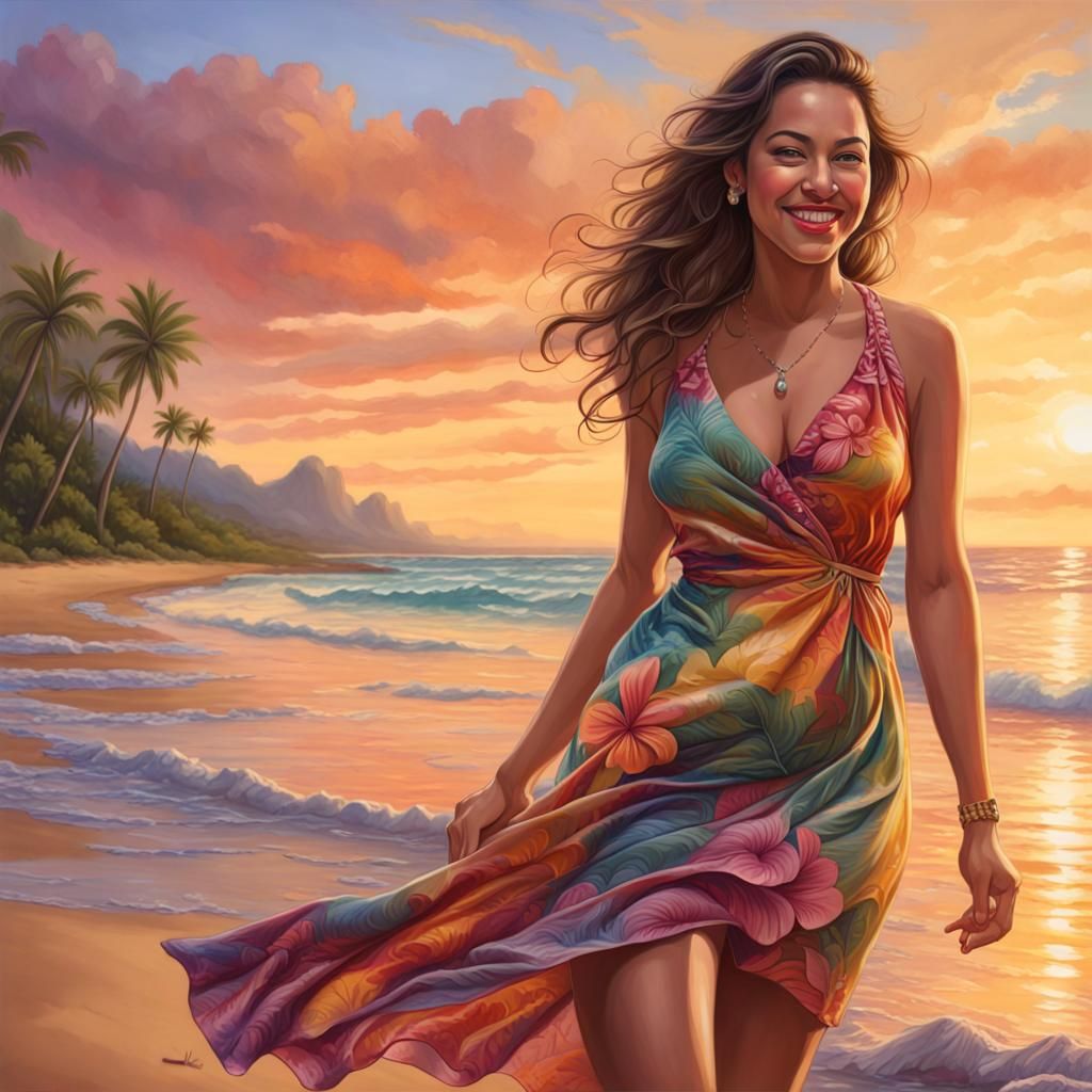 a beautiful Hawaiian young woman scrolling down the tropical...