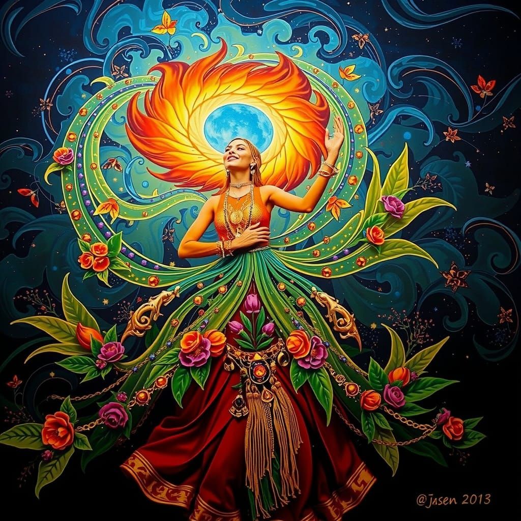 Psychedelic Garden Blooms with Cosmic Mystery and Regal Acce...