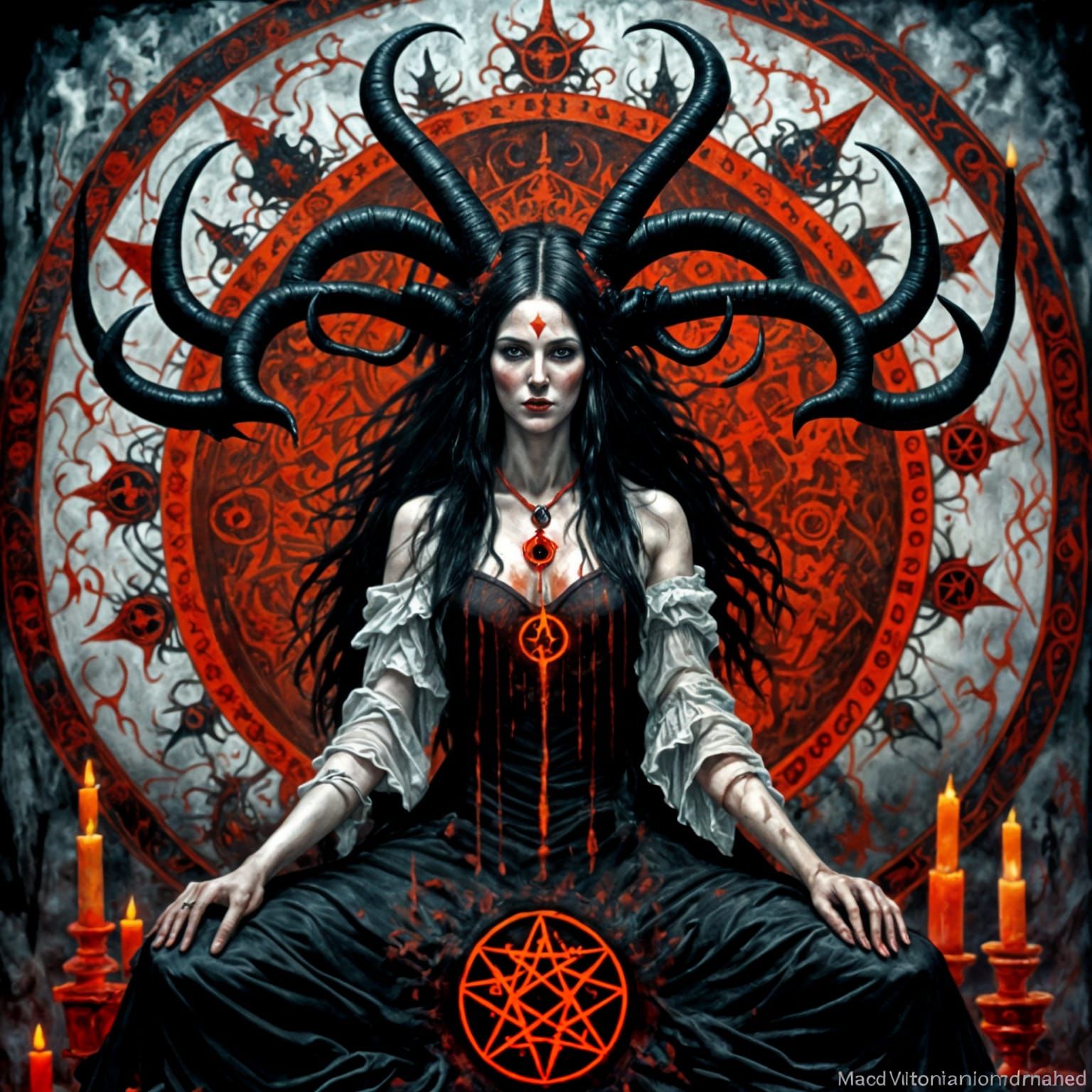 Demonic Witch at Altar in Oil Painting Style