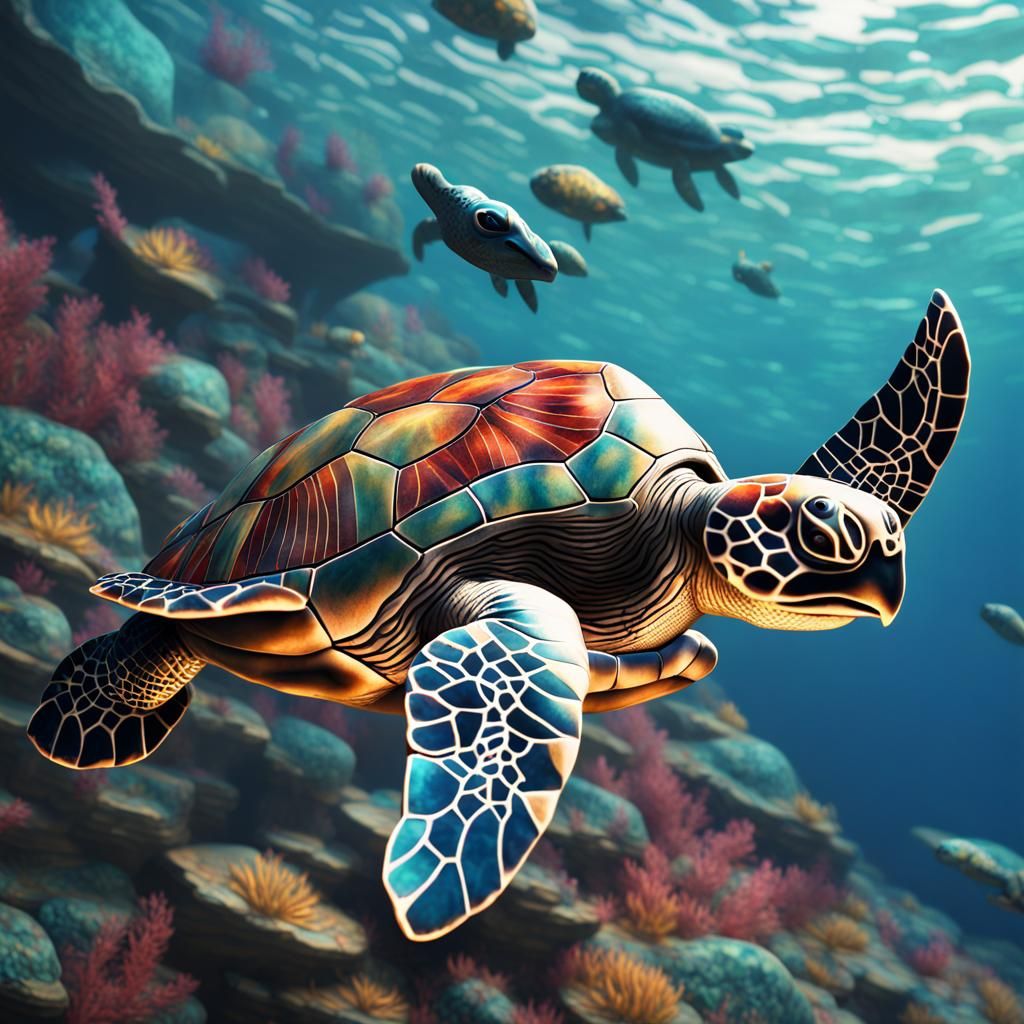Mosaic Sea Turtles in Fantastical Detail