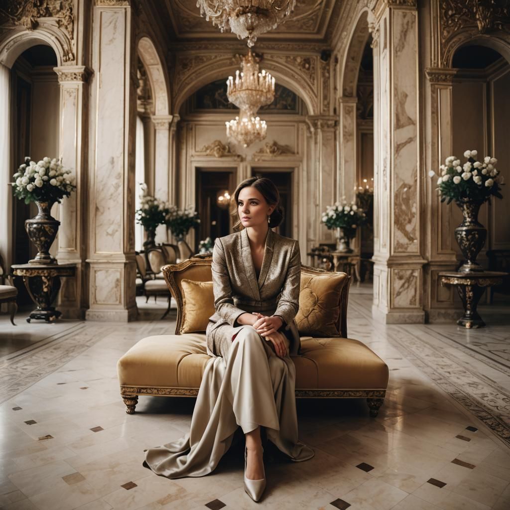 Elegant Woman Awaits Interview in Luxurious Palace