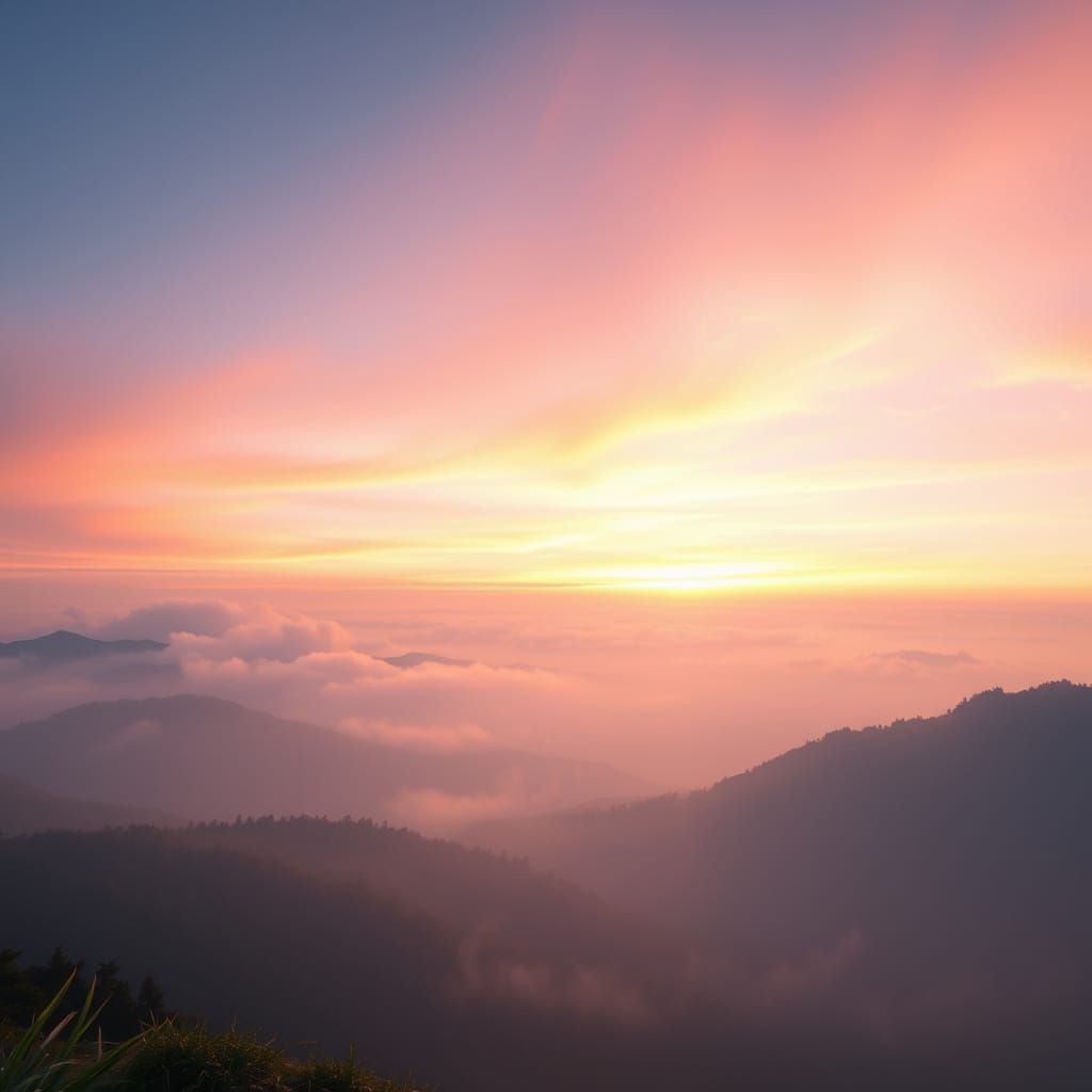 Breathtaking Dawn Over Misty Mountains in Soft Light