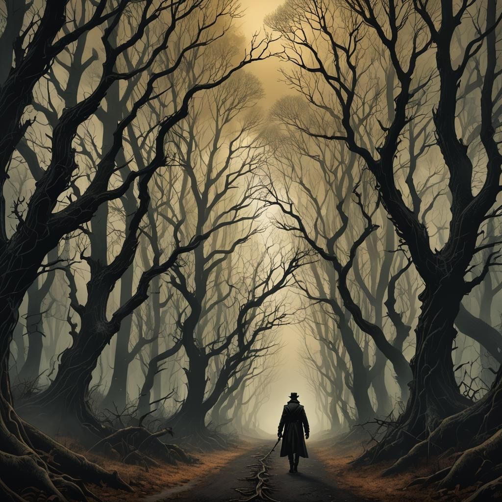 Gothic Steampunk Figure in Dark Forest: Graphic Novel Art