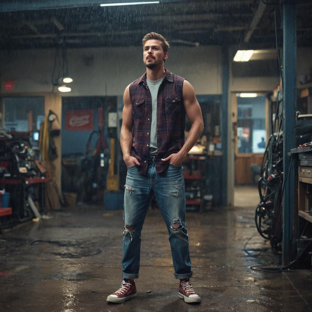 Confused Man in Rainy Mechanic Shop: Cinematic Still