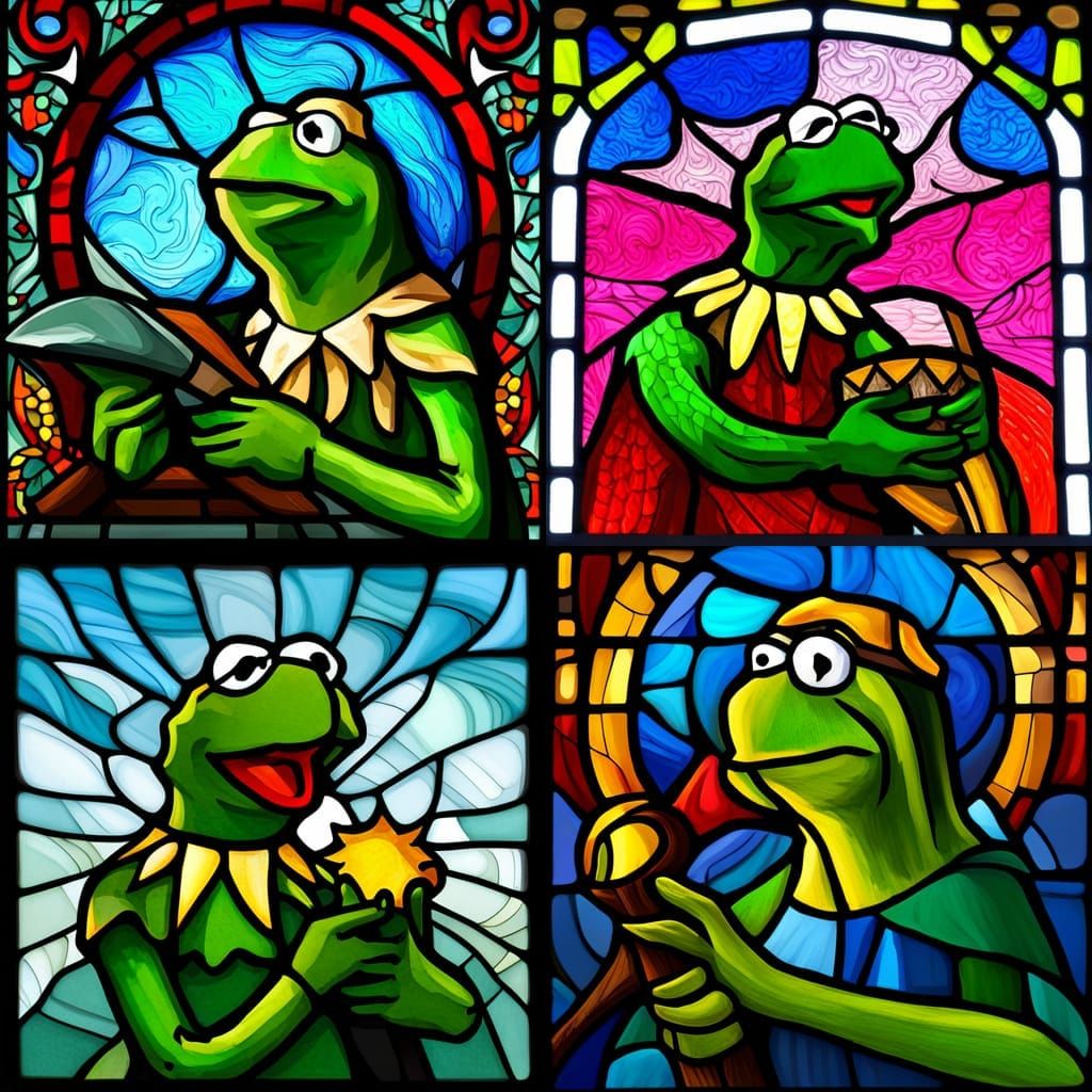 Medieval Kermit in Stained Glass Style