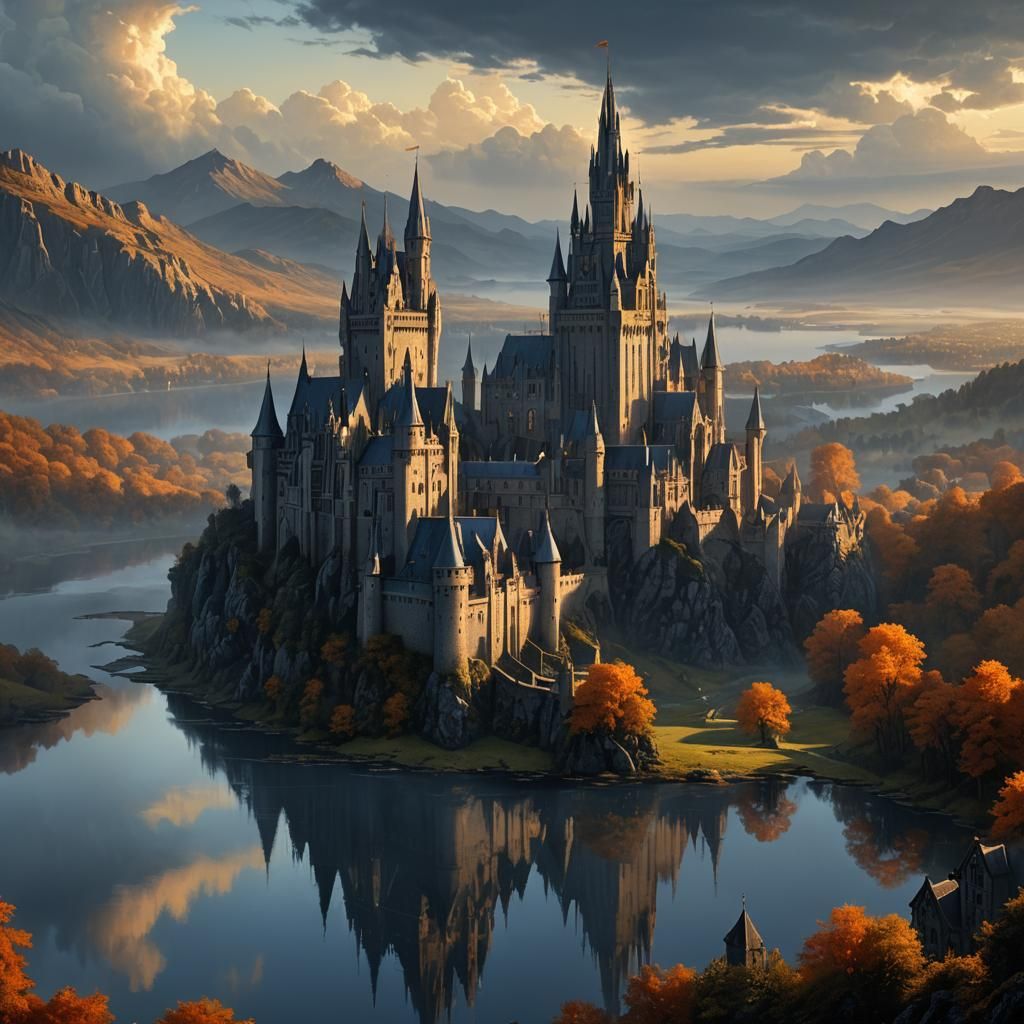 Dark Fantasy Medieval Castle with Serene Lakes