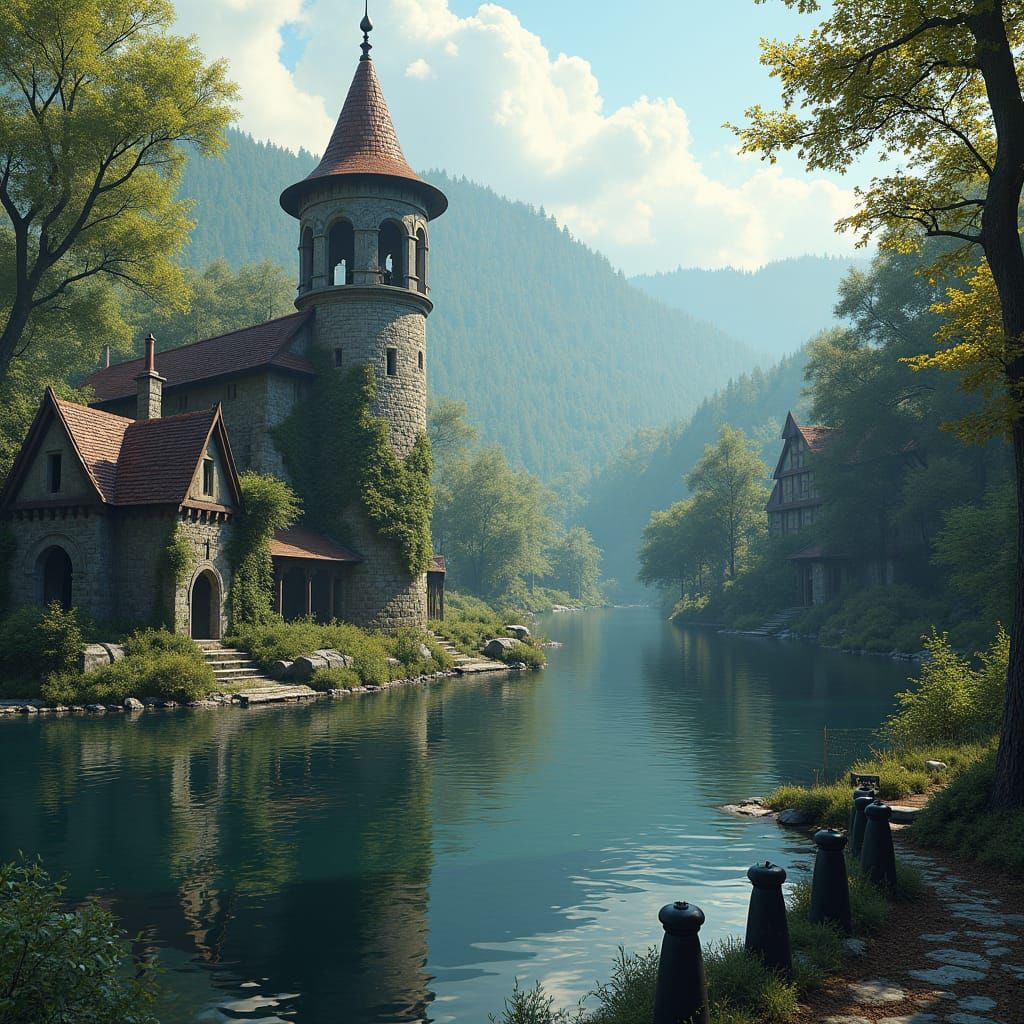 Village Ruins and Bell Tower Reflection