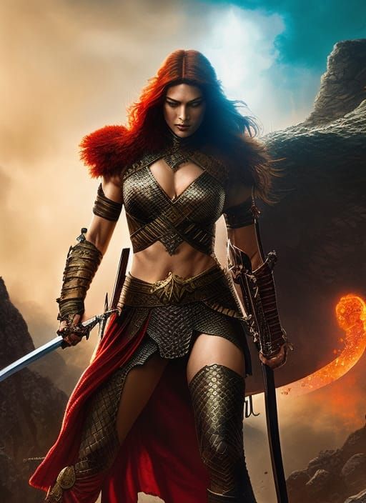 Red Sonja Ink Painting in Hyperrealistic Style